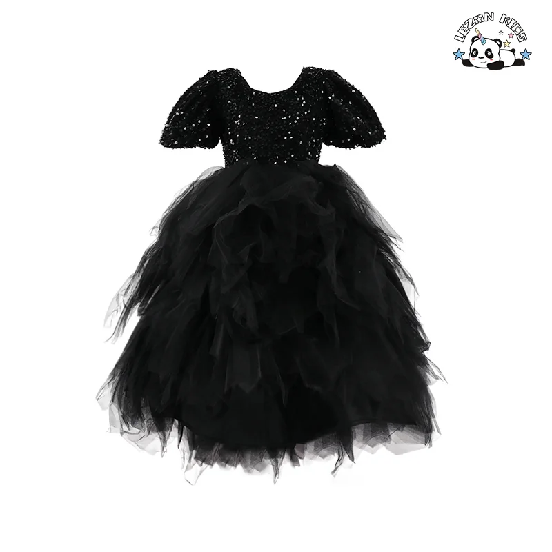 LEZONKIDS - High-end Kid Girls Dress Princess Mesh Trailing Dress Black Sequin Evening Dress for Piano Performance